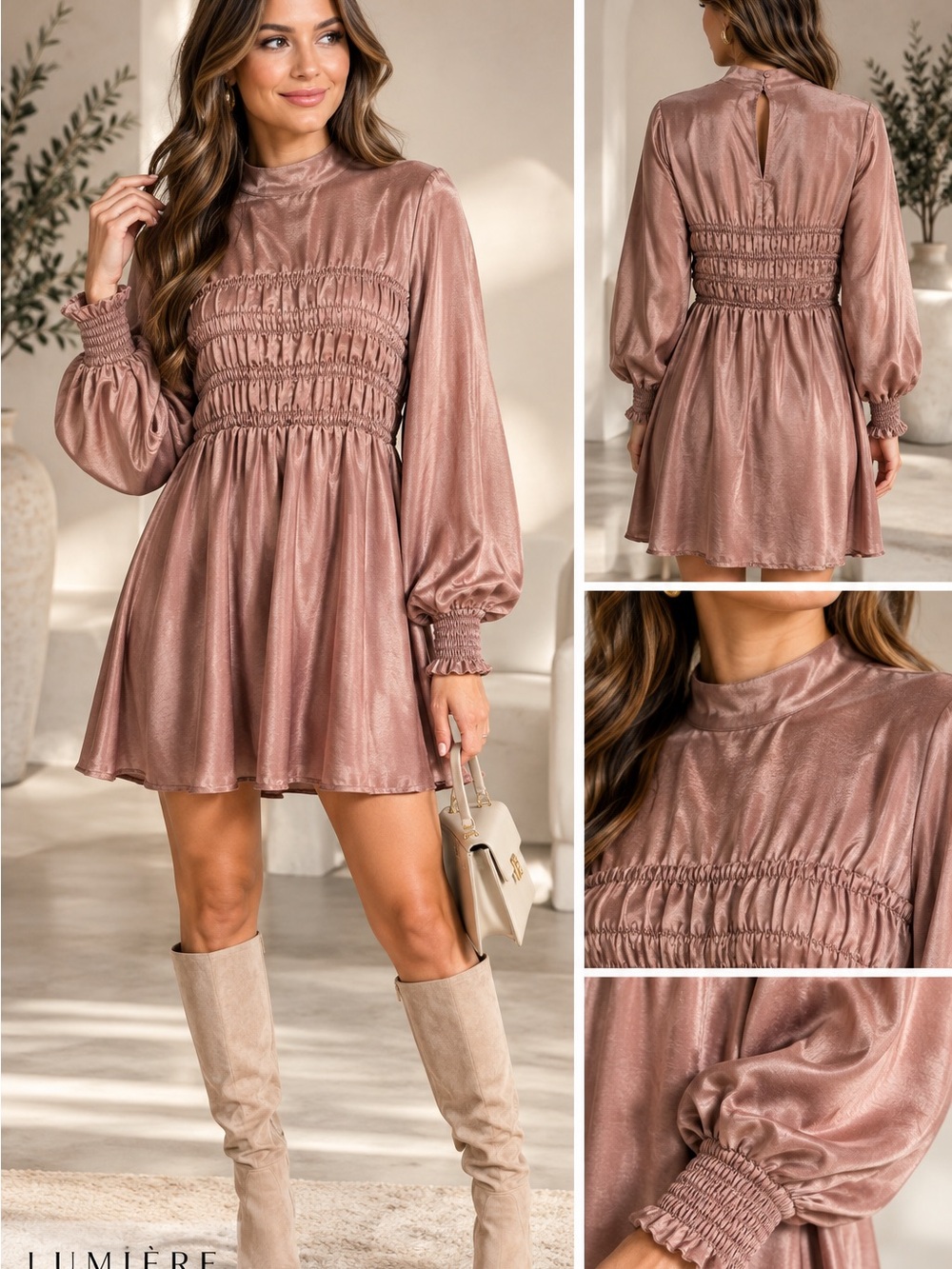 Lumiere Shimmer Blush Satin Smocked Mini Dress